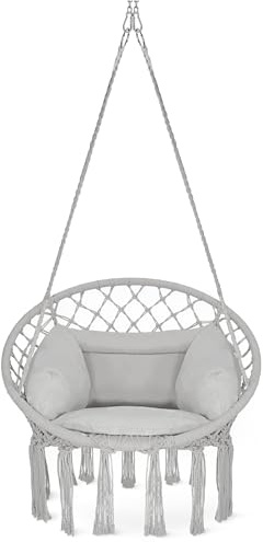 4FIZJO Hängesessel Boho mit Kissen, Makramee hängesessel, Garten schaukel, Hängekorb, Schaukelkorb, Therapieschaukel Kinder, Hängesessel Indoor & Outdoor, Hängesitz, Maximale Belastung 125 kg, Grau