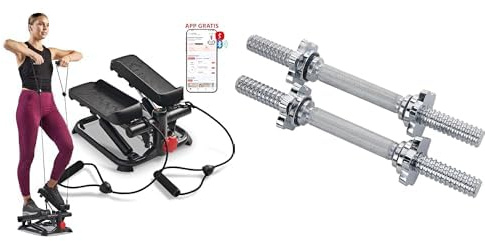 Sunny Health and Fitness Total Body Smart 2-in-1 Stepper Machine, Total Body Workout, Adjustable + 35.5 cm Threaded Chrome Dumbbell Bar