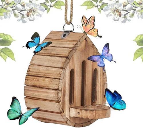 Casetta per farfalle in legno, per esterni, naturale, riparo per farfalle, habitat resistente alle intemperie | Scatola per mangiatoia per farfalle da giardino per alberi da cortile, protezione