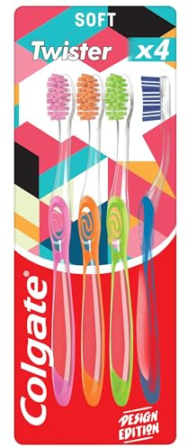 Colgate Twister Fresh Design Edition Soft Manual Toothbrush 4Pk, Multidimensional Cleaning, Removes Odour-Causing Bacteria, Cleans in Between Teeth and Along Gumline, Cleans Deep for Fresher Breath
