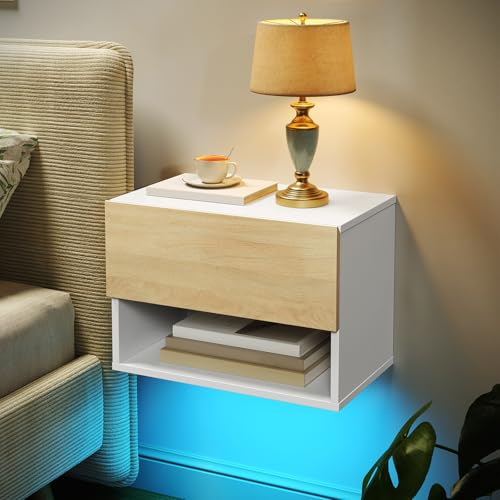 HOOBRO Mesita de Noche Flotante con Tira LED RGB, Mesa Auxiliar de Pared con 1 Cajón y 1 Compartimento, Mesa de Sofá, para Dormitorio, Sala de Estar, Blanco y Natural EWN202DBZ01