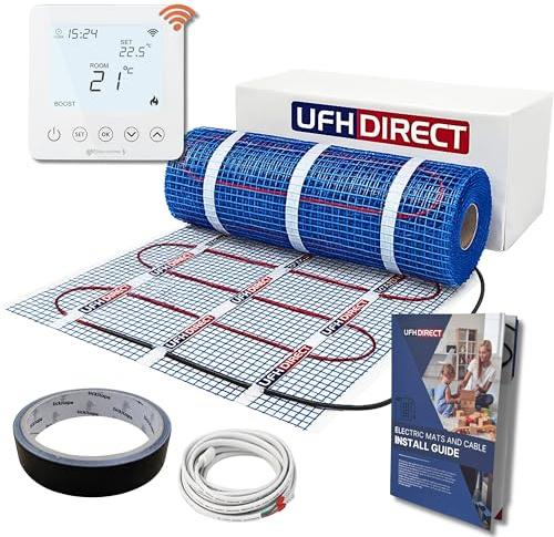 UFH Direct Professional Electric Underfloor Heating mat kit 200w per m² - Lifetime Warranty - Ultra-Thin PTFE Cable, Self-Adhesive Mesh - optionally ADD Thermostat with Floor Probe