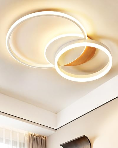 LED Deckenleuchte Dimmbar 3000K-6000K mit Fernbedienung, 32W 3600lm Flache Deckenlampe in Holz-Design mit 2 Ringen, 45,5*40*8 cm Moderne Lampe für Schlafzimmer, Wohnzimmer, Küche, Flur und Büro