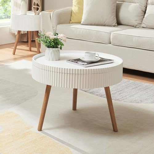 [en.casa] Couchtisch Bongard mit abnehmbarem Tablett rund Beistelltisch in gerillter Optik Ø60 x 45 cm für Wohnzimmer Aufbewahrungstisch niedrig Sofatisch mit Stauraum Weiß