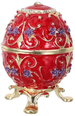 Warmhm Enamel Egg Trinket Box Hinged Metal Ring Holder, Red Zinc Alloy | European Vintage Design for Office or Living Room, Hand Painted Glossy Gilded Finish, Jeweled Accents