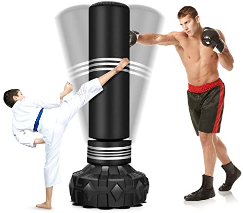 COSTWAY Sacco da Boxe da Terra Professionale con Area per Calci, Sacco Kick Boxing Autoportante con Base Riempibile da Sabbia e Acqua, 12 Ventose in Gomma e Struttura Multistrato