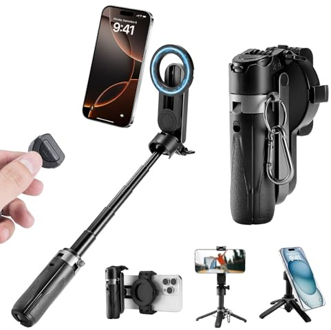 4 in 1 Selfie Stick Magnetisch, Mini Stativ für Smartphone, Handy Stativ mit Fernauslöser und Kaltschuh, Handystativhalter Kompatibel mit iPhone, Android für Selfies, Vlogging und Videoaufnahmen