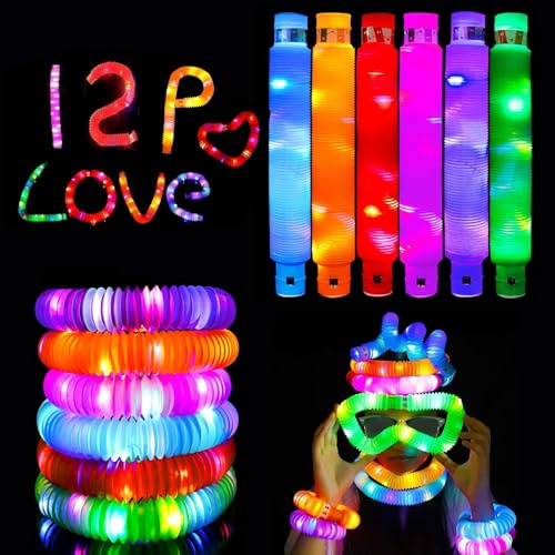 HhBdy 12 Pièces Pop Tube Led Couleur, Pop Tubes Lumineux Anti-Stress Baton Lumineux Extensible Party Favours Amusant Tube Sensoriel pour Fête d'anniversaire Pâques Concert Carnaval Mariage