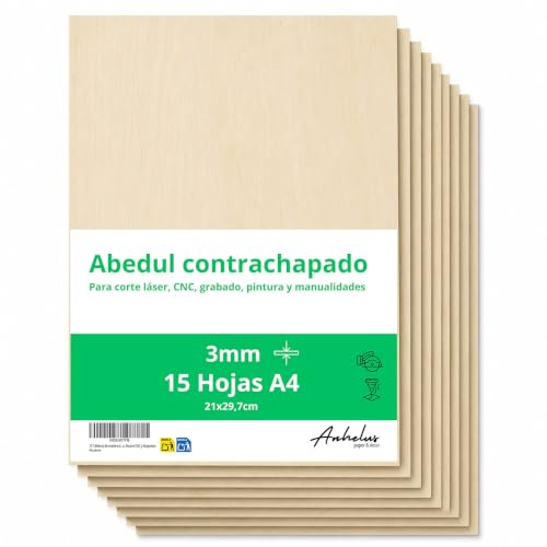15 Tableros A4 Madera de Abedul contrachapada | 3mm grosor | 21x29,7cm | Láminas para Manualidades, Corte Láser, Grabado, Pirograbado, Router CNC y Maquetas