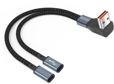 JSADZKJ Divisor USB de ángulo recto 1 en 2 salidas de carga, cable de extensión divisor USB A de 90 grados, USB macho a adaptador de puerto hembra doble tipo C, para laptop, coche, teléfono, tablet