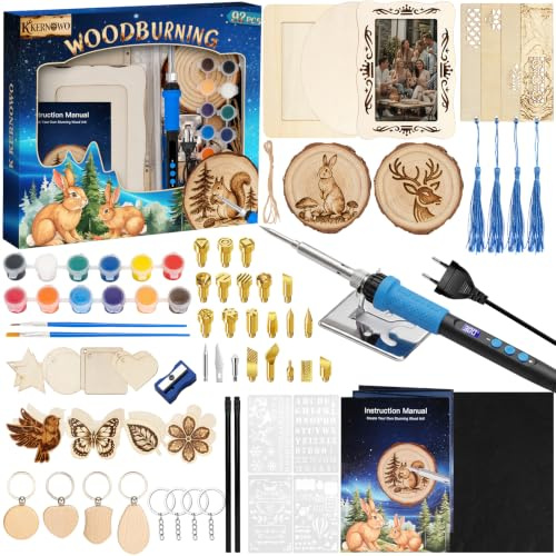 92-teiliges Lötkolben Set,100W Brandmalkölben mit LCD-Display Temperatur einstellbar，Brandmalerei Holz mit 22 Lötspitzen, 16 kleine Holzplättchen und mehr zum Basteln & Verschenken