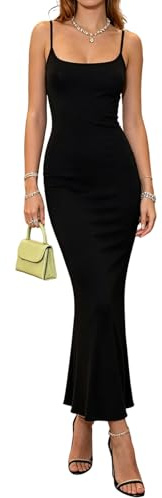 ADUDVLO Women's Bodycon Maxi Dress – Stretchy Spaghetti Strap Long Black Dress for Women UK, Flattering Backless U Neck High Waist Fishtail Hem for Party & Casual