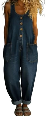 Denim Jumpsuits for Women UK Relaxed Fit Straight Leg Roll-Up Casual Washed Cotton Button Front Sleeveless Jean Jumpsuits for Women UK