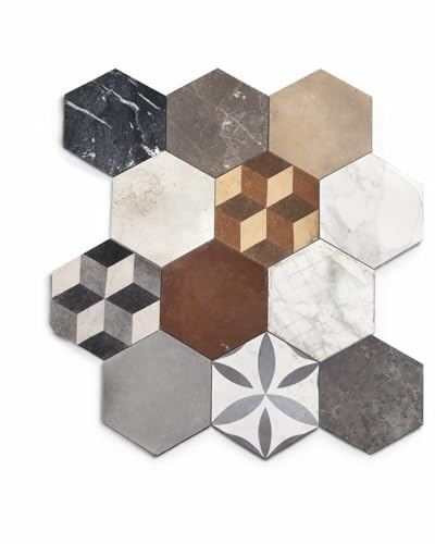 Stock Ceramiche Piastrelle Esagonali in Gres Porcellanato, Effetto Cementine, Colori Misti Assortiti, 25x21,6 cm, Pavimento e Rivestimento