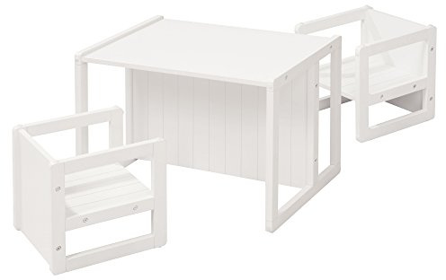 roba Set Tavolo + 2 Sgabelli per Bambini - Convertibile in Panca - Stile Country – Mobili per Bambini – 3 Altezze – Multifunzionale - Legno Laccato Bianco