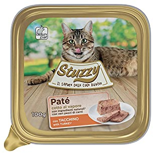 Stuzzy, Cibo Umido Completo per Gatti Adulti, Patè, con Tacchino, in Vaschetta, Ingredienti Naturali, Cottura al Vapore, 32 x 100 Gr