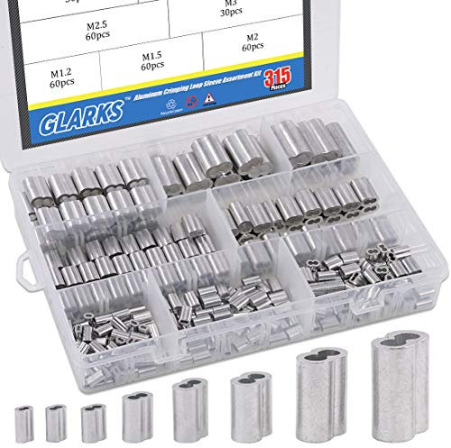 Glarks 315 pezzi 8 misure in alluminio per crimpatura manicotti a doppio barilotto per fune metallica e kit assortimento di terminali – M1.2-M6