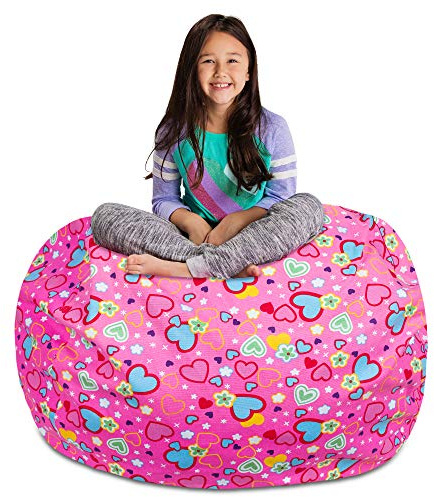 Posh Stuffable Kids Stuffed Animal Storage Bean Bag Chair Cover - Childrens Toy Organizer, X-Large-48 - Canvas Multi-Colored Hearts on Pink