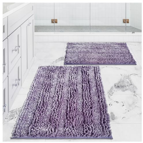 Civkor Bathroom Rugs Set 2 Pieces Light Purple Butter Chenille, Shiny Noodle Bath Mat Rug Set with Non Slip Backing, Super Water Absorbent Machine Washable 31x20 and 24x16 Inch, Lavender