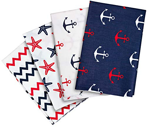 4 x patchwork bomullstyg, 50 x 40 cm, maritimdesign, färger: blå + vit