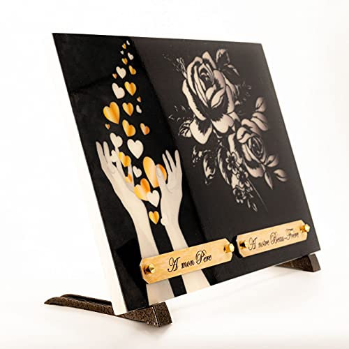 Plaque Funéraire | Plaque Mortuaire | Plaque funéraire personnalisée | Plaque funéraire Personnalisable | Plaque en Granit Roses et Coeurs | 25 cm X 35 cm | 2 Inters