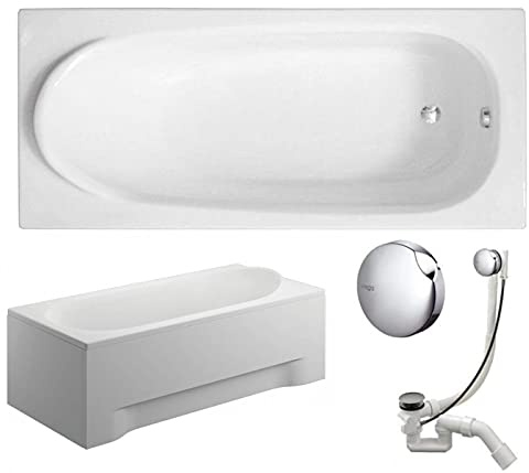VBChome Badewanne 170x75 cm Acryl SET Siphon Wanne Rechteck Weiß Design Modern komplett Wannenfüßen Ablaufgarnitur Chrome