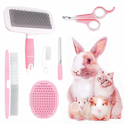 Pflegeset für kleine Tiere, mit Haustier-Ausfallbürste, Bade-Massagehandschuh, Haustier-Pflegekamm, Nagelknipser für Kaninchen, Meerschweinchen, Welpen, Katze, Kätzchen, Hamster, Frettchen (Rosa)