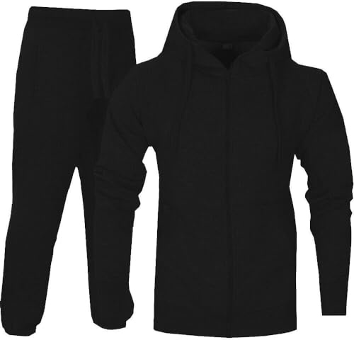 Mens Tracksuit Set Fleece Hoodie Top Bottoms Jogging Joggers Regular (BLACK, LARGE)