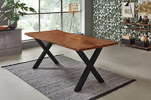 SAM Esstisch 180x90 cm Bologna, Akazienholz massiv + nussbaumfarben + lackiert, echte Baumkante, Baumkantentisch mit X-Gestell aus Metall schwarz, Esszimmertisch mit Tischplatte 26 mm