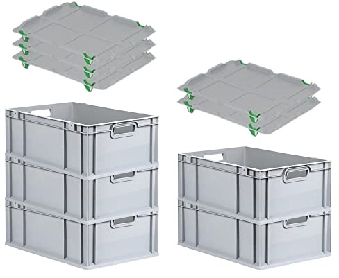 PROREGAL SuperSparSet 5x Eurobox NextGen Economy mit Auflagedeckel und 4x Schiebeschnappverschlüsse Grün, Griffe offen, HxBxT 22x40x60cm, 44L, Eurobehälter, Transportbox, Transportbehälter