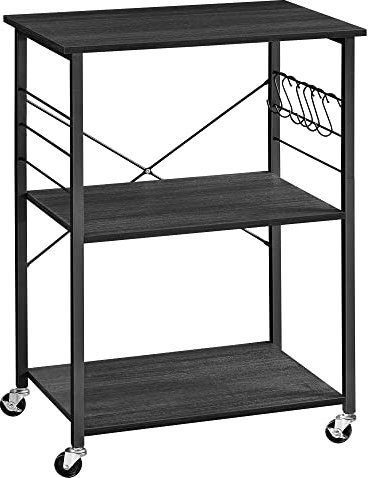 VASAGLE Küchenregal auf Rollen, Servierwagen, 3 Ebenen, Küchenwagen, für Mini-Backofen, Mikrowellen, Metallrahmen, 6 Haken, 40 x 60 x 89 cm, anthrazitgrau-tintenschwarz KKS060B42