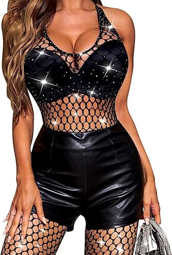 RSLOVE Womens Lingerie Fishnet Bodystocking Sparkle Rhinestone Mesh Tights One Piece Teddy Lingerie Black