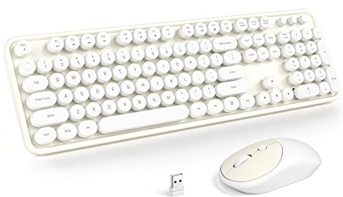 KNOWSQT Tastiera wireless e mouse combinata, bianco latte, 2,4 GHz, 104 tasti, tastiera rotonda flessibile e mouse ottico per Windows, computer, PC, laptop, desktop, Mac