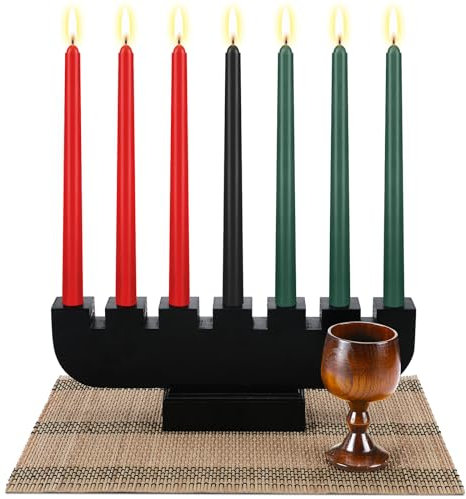 Zubebe Kwanzaa Kinara-Set – 3 rote, 3 grüne, 1 schwarze Kwanzaaa-Kerzen, Bambus-Tischmatte, Holz-Kerzenhalter und Weinkelch für Feier-Dekoration, 10-teilig