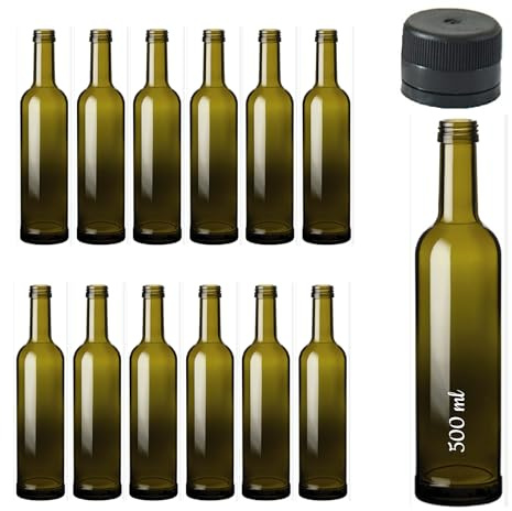 ESENCIA ANDALUSI Leere Flaschen, 500 ml, Bordo Eco, Weinflasche, Likörflasche, Ölflasche, Bierflasche, Glas, Stöpsel, Glasflasche, Flasche zum Befüllen (12)