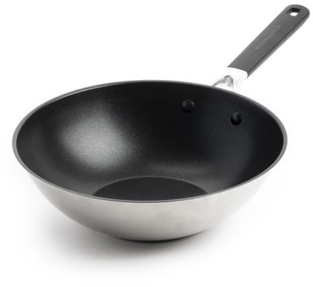 KitchenAid Classic Stainless Steel PFAS-freier, Gesunder 28 cm Wok aus Keramik, Plattiert, Induktion, Stay-Cool-Griff, Backofenfest bis 160°C, Silber