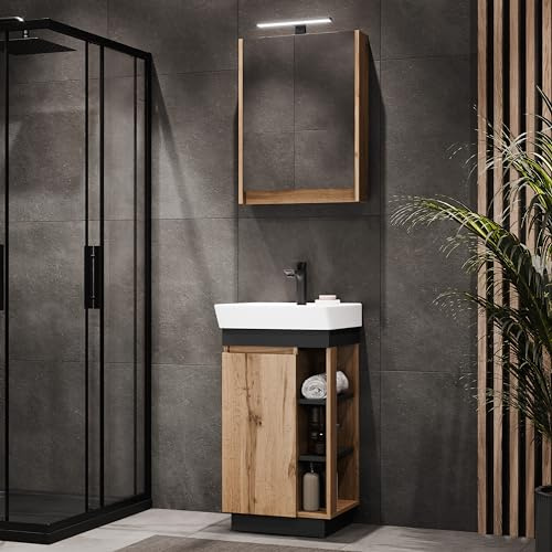 Planetmöbel Nyx Badmöbel Set 2-teilig Waschtisch | Unterschrank, 45 x 85,9 x 42 cm Wotan Eiche/Anthrazit, Spiegelschrank 50 x 65 x 11,4 cm mit LED Aufbauleuchte