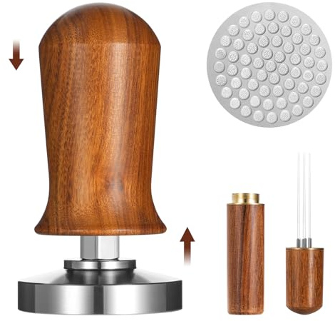 58mm Espresso Coffee Tamper Set with WDT Tool and Puck Screen, Spring-Loaded Calibrated Tamper with Stainless Steel Base & Wooden-Handle, Espresso Accessories Kit Gifts for Barista Coffee Lovers