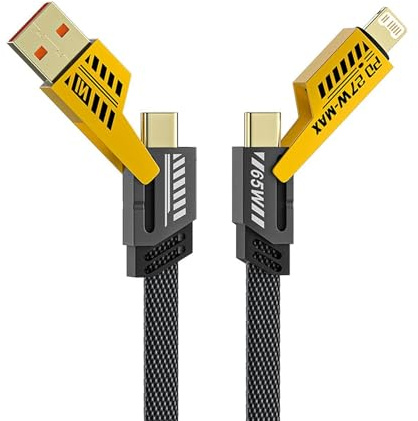 AMPLE Multi USB Charger Cable：4-in-1 USB C Cable 65W [Fast Charging & Data Sync] Flat Braided Anti-Tangle iPhone Charger Cord with Multi Charging Lead Combo Type C/USB A Ports