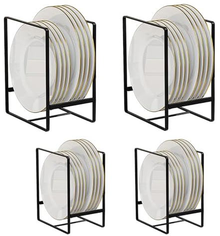 TUAKIMCE 4 Pack Plate Storage Rack, Plate Holders Organizers, Vertical Plate Dish Organizers Drying Racks Drainer, Cabinet Dish Drying Rack Metal Stands for Countertop and Cupboard Black