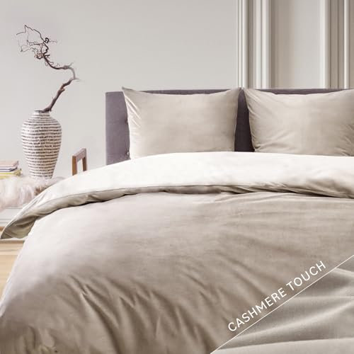 Blumtal Bettwäsche 135x200 cm Cashmere-Touch Plüsch - Oeko-TEX zertifizierte Bettwäsche 135x200 Winter + Kissenbezug 80x80 - Winterbettwäsche 135x200 - Flanell Bettbezug 135 x 200 Taupe