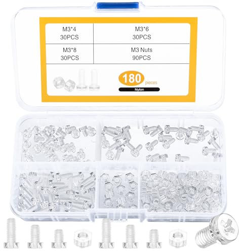 180 Pcs M3 Plastic Screws, Nuts and Bolts Set, Transparent Acrylic Machine Screws, Phillips Flat Head and Clear Cross Head Screws Kit