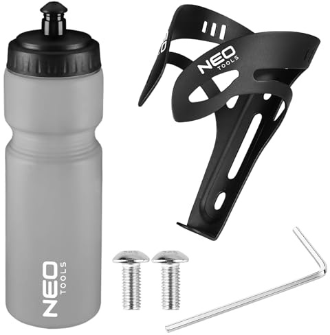 NEO TOOLS Flaschenhalter mit 700 ml Fahrradflasche, Leichter Universal | Flaschenhalter aus Aluminium, Schrauben & Inbusschlüssel, Für Mountainbikes, Tourenräder, Rennräder und Elektrofahrräder