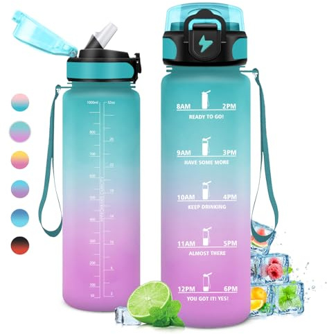 KollyKolla Botella Agua 1 litro, Cantimplora Motivadora, Botella Agua con Pajita, Prueba de Fugas, sin BPA, Reutilizable Cantimplora para Adulto, Colegio, Gimnasio, Oficina, Bicicleta, Gym, Fitness
