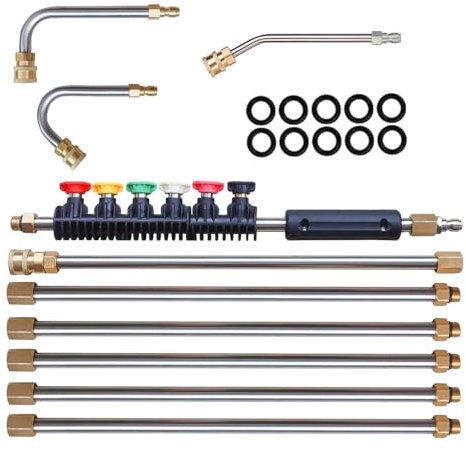 Tuxxjzm Limpiador de canalones, juego de varitas telescópicas para lavadora a presión, barra de extensión de limpiador de canalones, 4000 PSI, conector de 1/4 pulgadas, 6 boquillas para canalón
