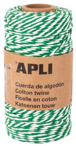 APLI 19842 - Corda in cotone bicolore per confezioni regalo, filo verde e bianco ideale per artigianato o decorazioni a Natale o qualsiasi celebrazione, bobina da 100 x 2 mm