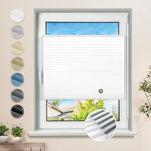 Plissee ohne Bohren Verdunkelung Klemmfix Weiß 90x140cm Thermo Plissees 100% Verdunklung Rollos für Fenster & Tür Verdunklungsplissee ohne Bohren Sichtschutz und Sonnenschutz