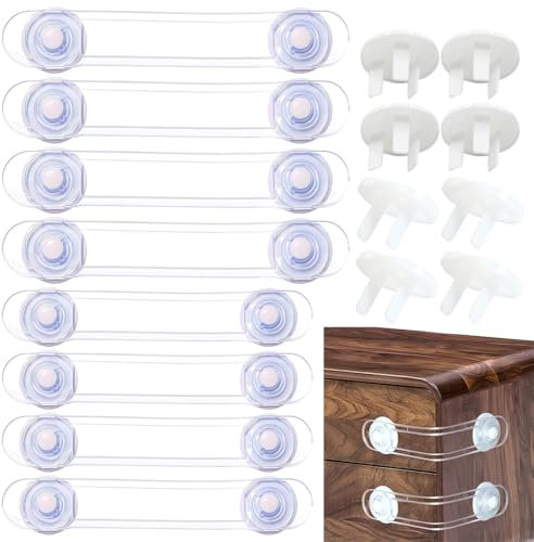 8 cerraduras para cajones de bebé + 8 piezas de cubierta protectora para enchufe de seguridad para niños, transparente para gabinete, guardarropa, refrigerador, mantiene seguros a bebés y niños