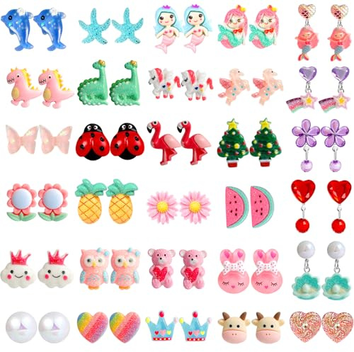 DEVIENG Clip On Ohrringe, hypoallergen, geeignet für Kinder im Alter von 4–12 Jahren, niedliche kleine Ohrclips, Schmuck-Geschenk-Set, Einheitsgröße, Harz, Kein Edelstein (Clip On Ohrringe-30 Paar)
