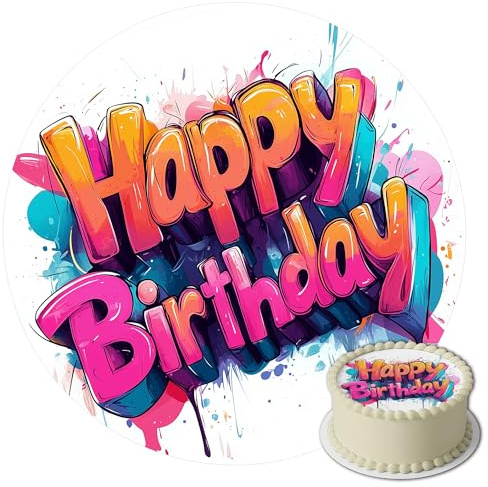 J&M DECO Tortenaufleger Happy Birthday – essbare Kuchendeko Ø 20 cm – bunte Tortendekoration für Geburtstagstorte – Zuckerpapier Tortenbild – gebrauchsfertig – Made in EU